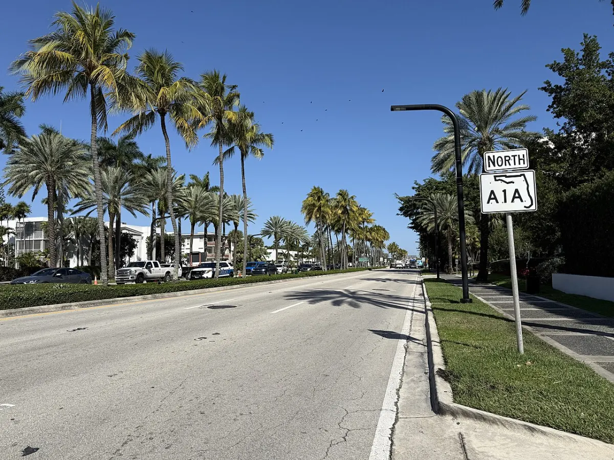 Palm-lined Collins Avenue running north through Bal Harbour
