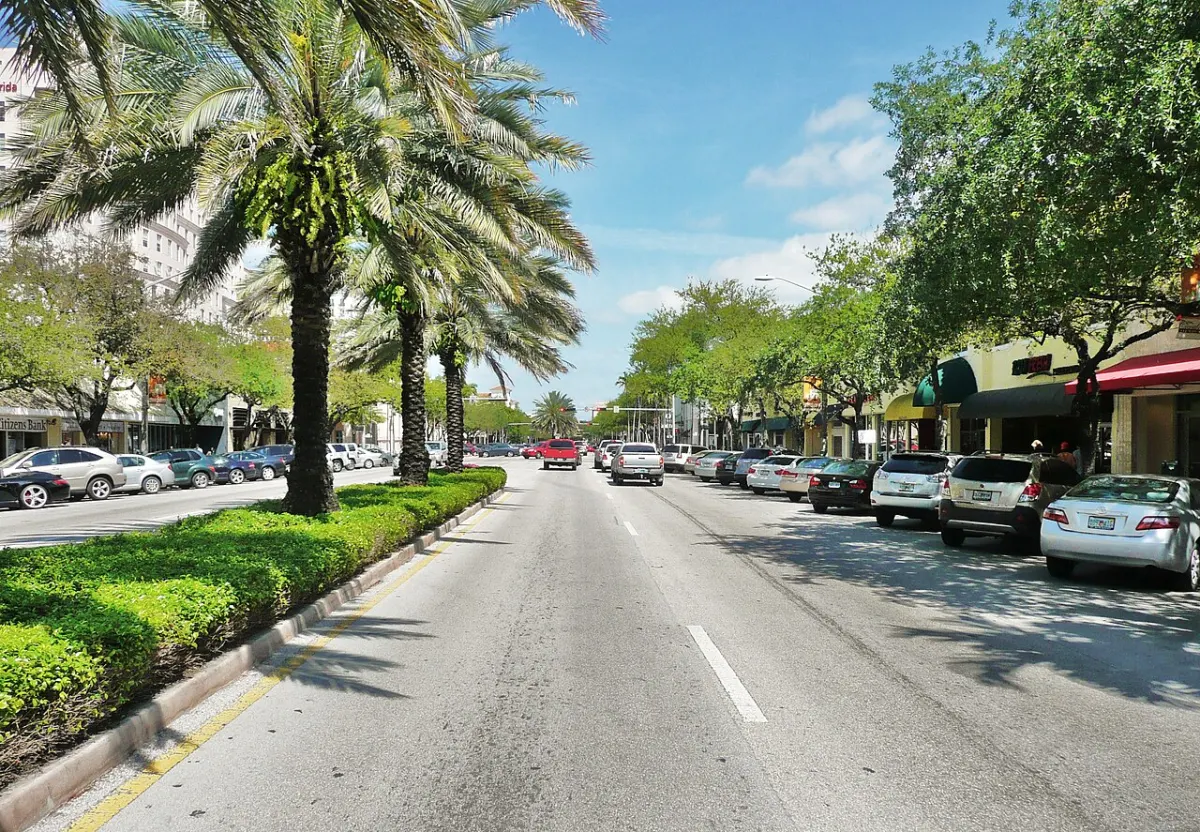 Miracle Mile in Coral Gables, a wide palm-lined shopping street