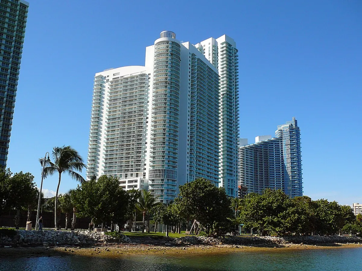 Bayfront condominium towers in Edgewater seen from Biscayne Bay