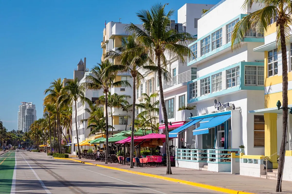 Art Deco hotels and sidewalk cafes along Ocean Drive in South Beach